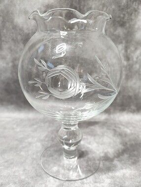 Rose Bowl Etched Cut Glass Ruffled Edge Pedestal Flower Compote Vintage